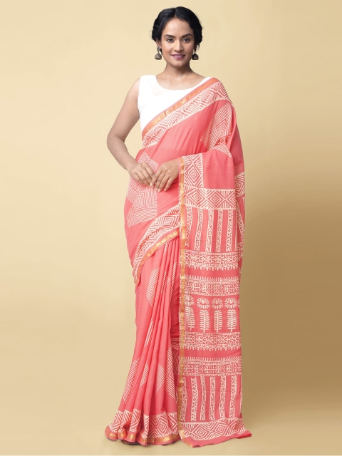 

Unnati Silks Women Red & White Pure Cotton Block Printed Saree