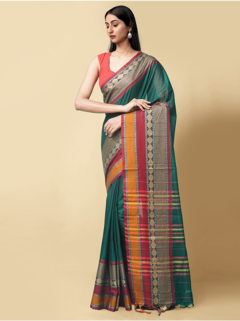 

Unnati Silks Green Pure Cotton Solid Sustainable Narayan Peth Saree