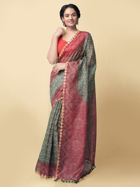 

Unnati Silks Women Green & Maroon Ajrak Printed Chanderi Silk Cotton Saree