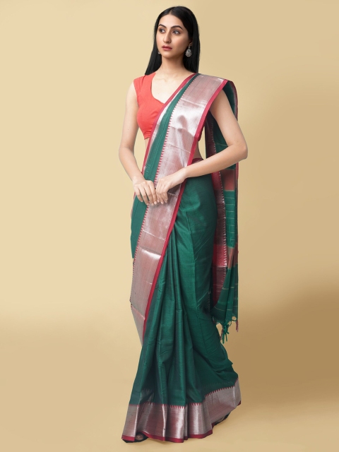 

Unnati Silks Women Green & Silver-Toned Pure Cotton Solid Sustainable Narayan Peth Saree