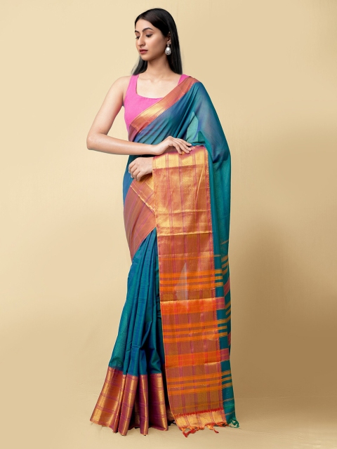 

Unnati Silks Women Blue & Gold-Toned Pure Cotton Solid Narayan Peth Saree