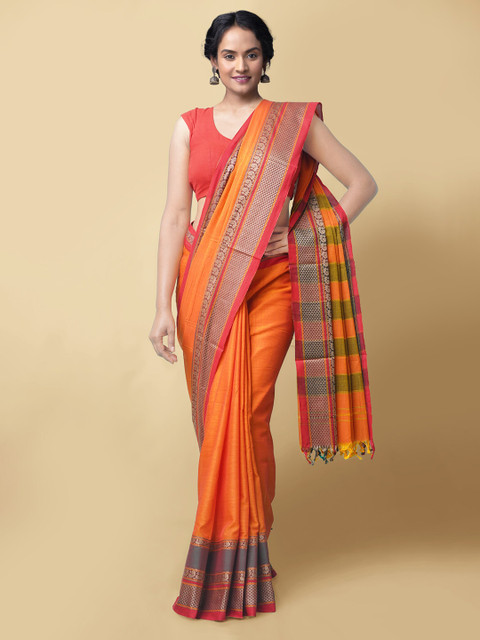 

Unnati Silks Women Orange Pure Cotton Solid Sustainable Narayan Peth Saree
