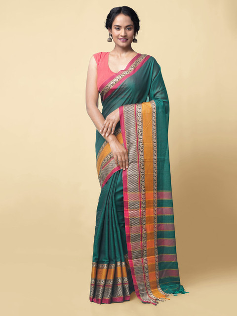 

Unnati Silks Women Green Pure Cotton Solid Narayan Peth Saree