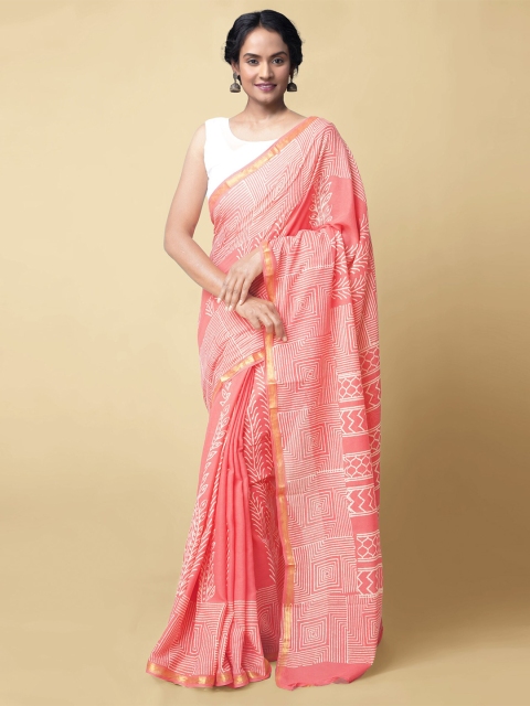 

Unnati Silks Red & White Pure Cotton Block Printed Saree