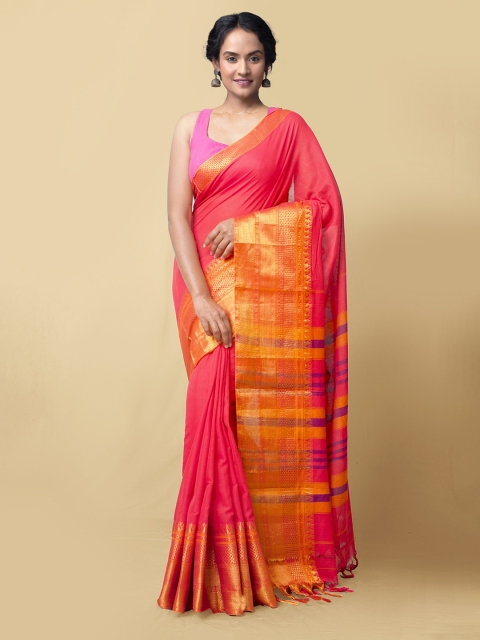 

Unnati Silks Women Red & Gold-Toned Pure Cotton Solid Narayan Peth Saree