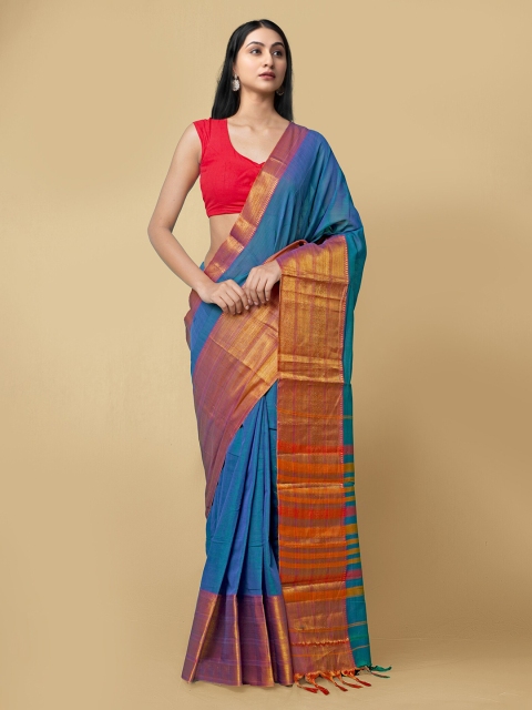 

Unnati Silks Women Blue & Gold-Toned Pure Cotton Solid Narayan Peth Saree