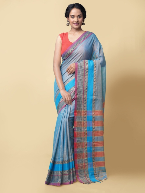 

Unnati Silks Women Blue Pure Cotton Solid Narayan Peth Saree