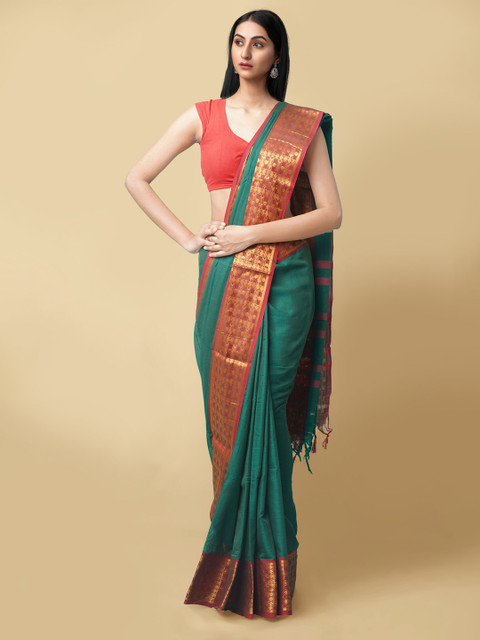 

Unnati Silks Women Green & Gold-Toned Pure Handloom Narayanpet Cotton Sustainable Saree