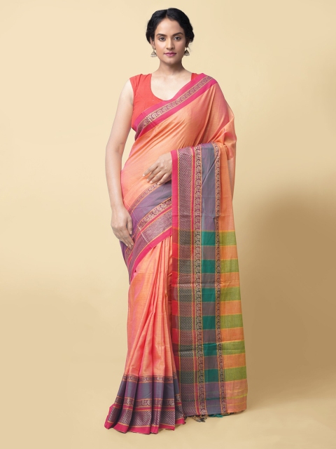 

Unnati Silks Pink & Yellow Pure Cotton Solid Narayan Peth Saree