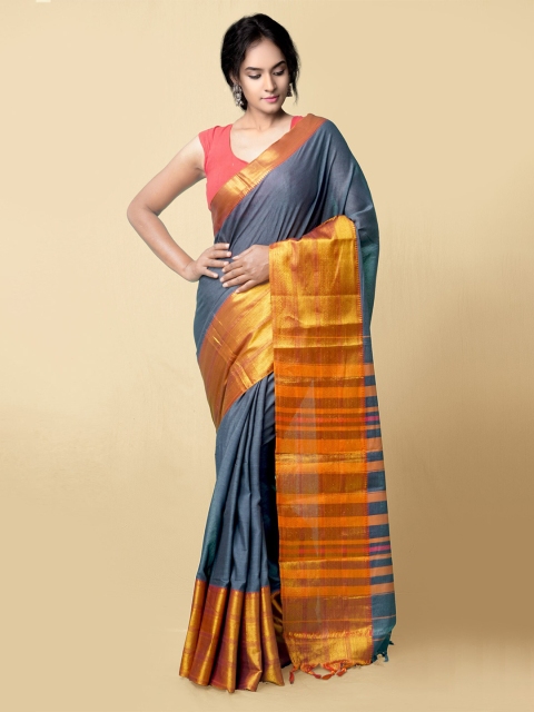 

Unnati Silks Women Grey & Gold-Toned Pure Handloom Narayanpet Cotton Sustainable Saree