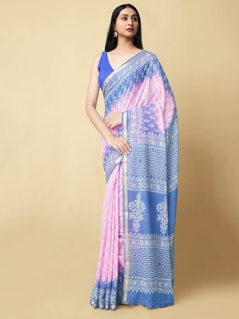 

Unnati Silks Women Pink & Blue Pure Cotton Block Printed Saree