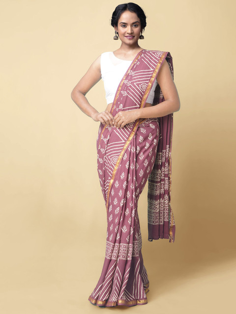 

Unnati Silks Women Burgundy & White Pure Cotton Block Printed Saree