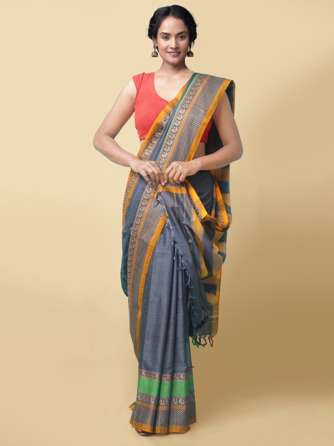 

Unnati Silks Women Grey & Yellow Pure Handloom Narayanpet Cotton Saree