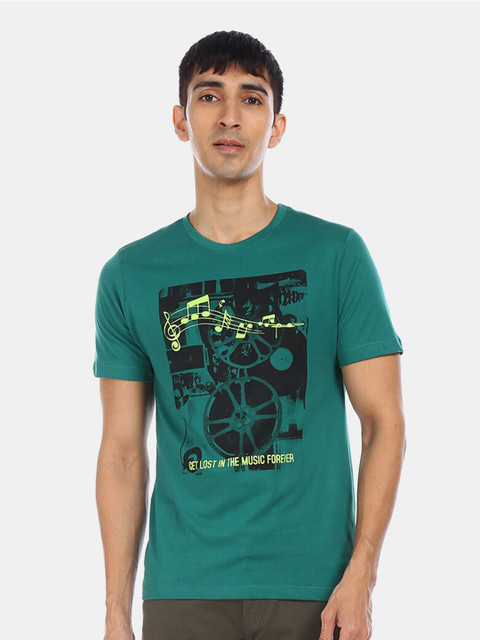 

Colt Men Green Black Printed V-Neck Pure Cotton T-shirt