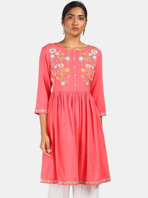 

Karigari Women Pink Floral Yoke Design Thread Work Anarkali Kurta