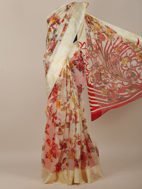 

Pothys Cream-Coloured & Red Floral Jute Cotton Saree