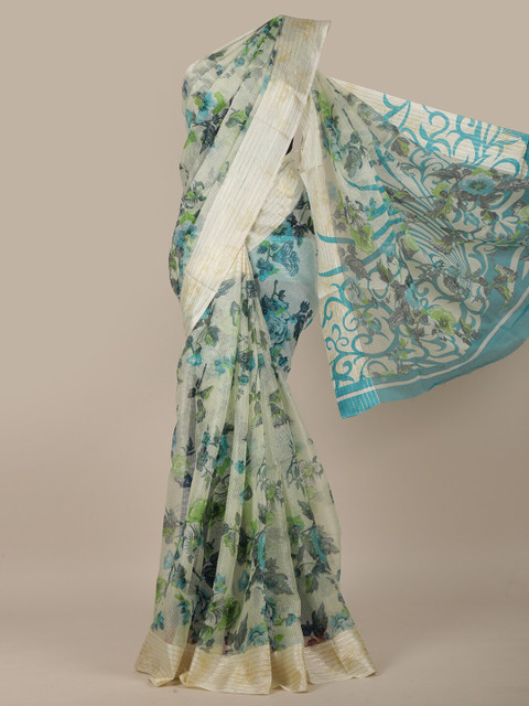 

Pothys Cream-Coloured & Blue Floral Jute Cotton Saree