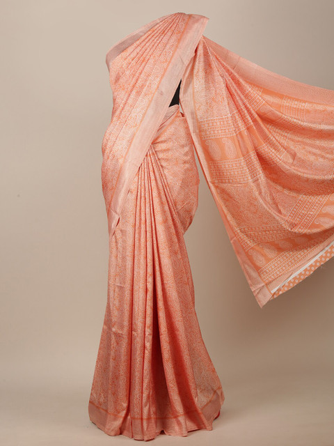 

Pothys Peach-Coloured & White Paisley Jute Silk Saree