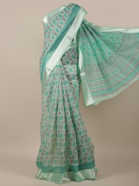 

Pothys Green & Silver-Toned Paisley Saree