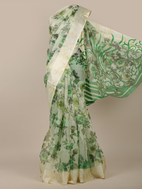 

Pothys Cream-Coloured & Green Floral Zari Jute Cotton Saree