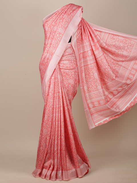 

Pothys Peach-Coloured & White Floral Jute Silk Saree