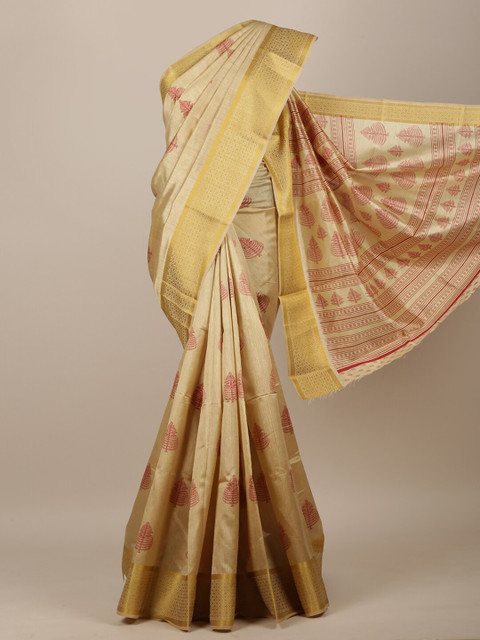 

Pothys Cream-Coloured & Gold-Toned Floral Saree