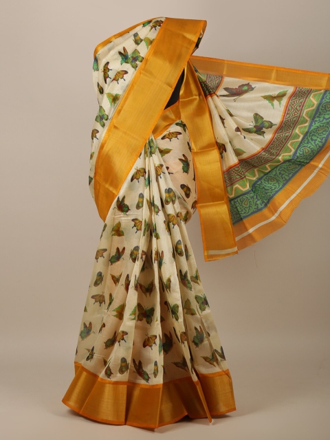 

Pothys Cream-Coloured & Yellow Butterfly Printed Saree