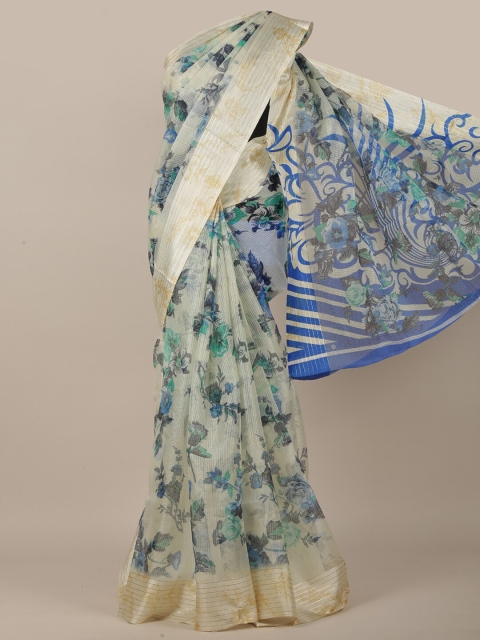 

Pothys Cream-Coloured & Blue Floral Printed Zari Jute Cotton Saree