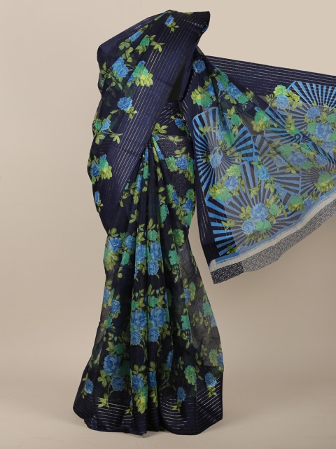 

Pothys Navy Blue & Green Floral Printed Jute Cotton Saree