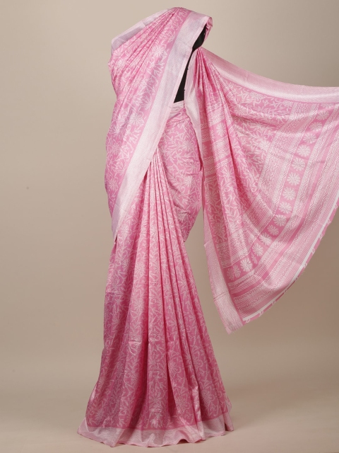 

Pothys Pink & White Floral Printed Jute Silk Saree