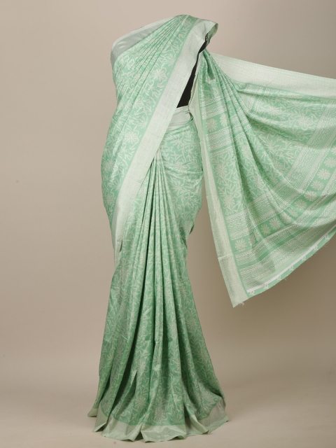 

Pothys Green & White Floral Printed Jute Silk Saree