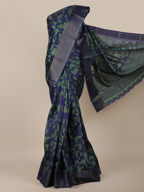 

Pothys Navy Blue & Green Geometric Printed Saree