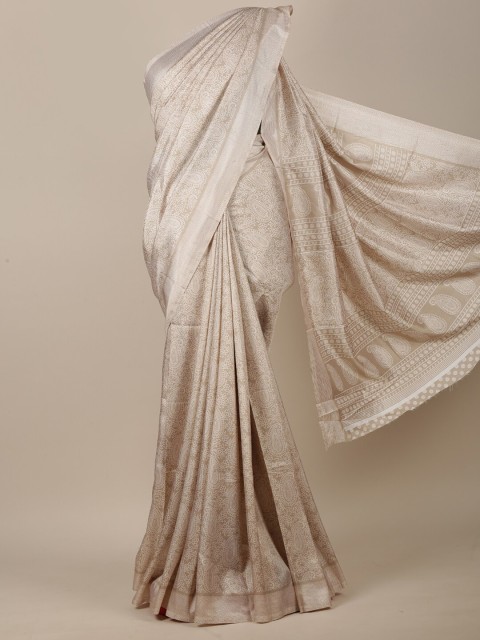 

Pothys Taupe & White Paisley Printed Jute Silk Saree