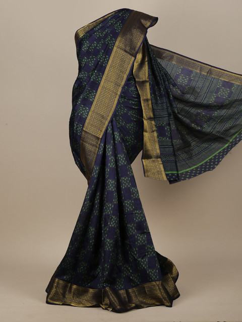 

Pothys Navy Blue & Green Geometric Printed Zari Saree