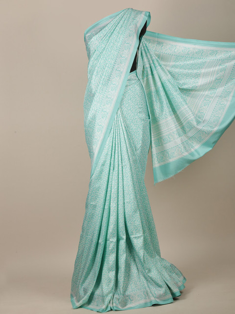 

Pothys Turquoise Blue & White Floral Printed Jute Silk Saree