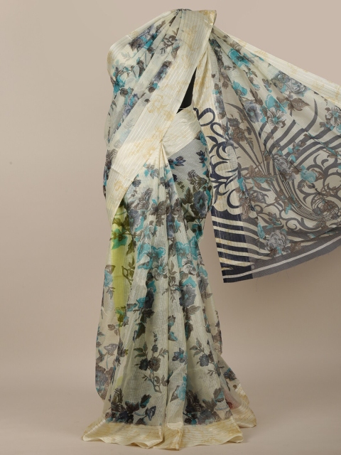 

Pothys Cream-Coloured & Grey Floral Printed Zari Jute Cotton Saree