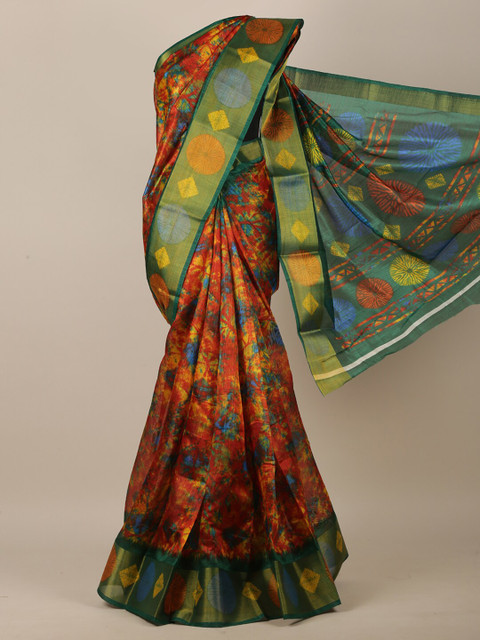 

Pothys Orange & Green Abstract Printed Saree