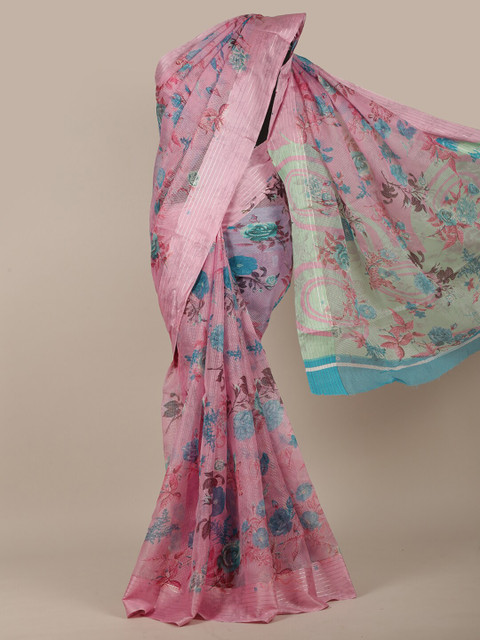 

Pothys Pink & Blue Floral Printed Jute Cotton Saree