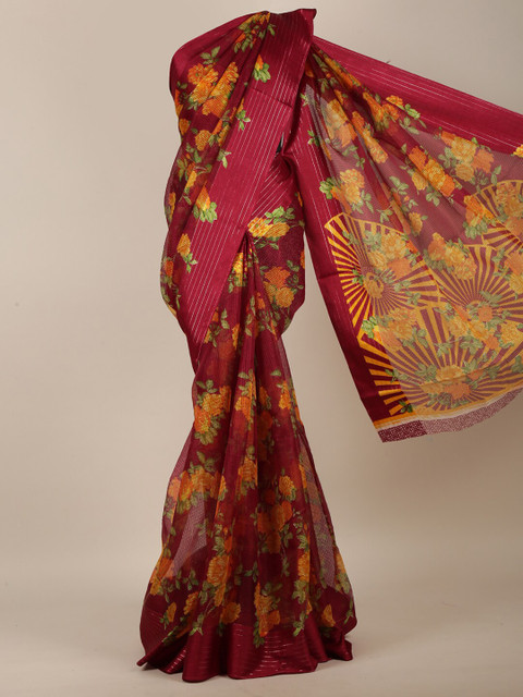 

Pothys Maroon & Yellow Floral Printed Jute Cotton Saree