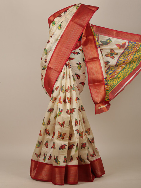 

Pothys Cream-Coloured & Red Floral Printed Saree