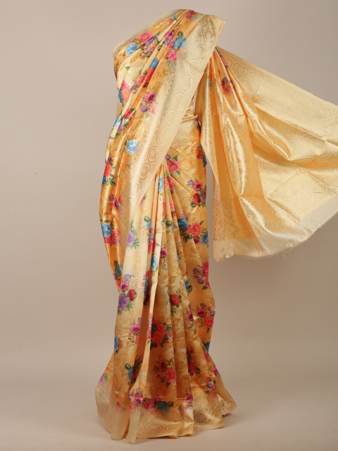 

Pothys Yellow & Blue Floral Printed Zari Jute Silk Saree