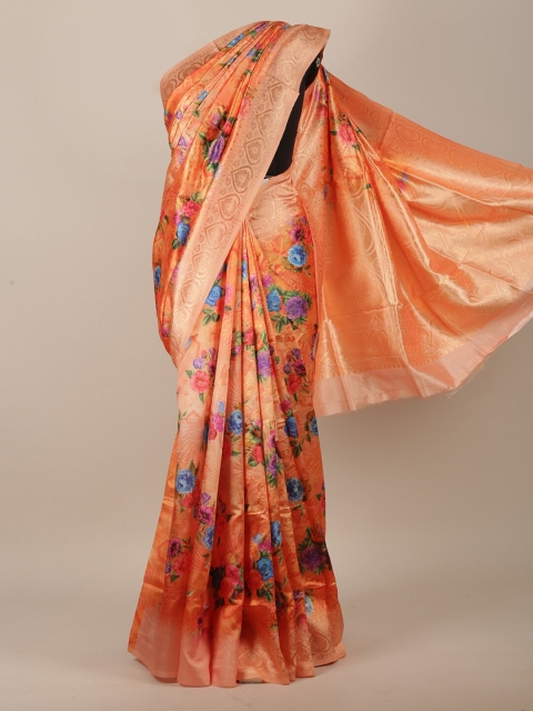 

Pothys Orange & Blue Floral Printed Zari Jute Silk Saree