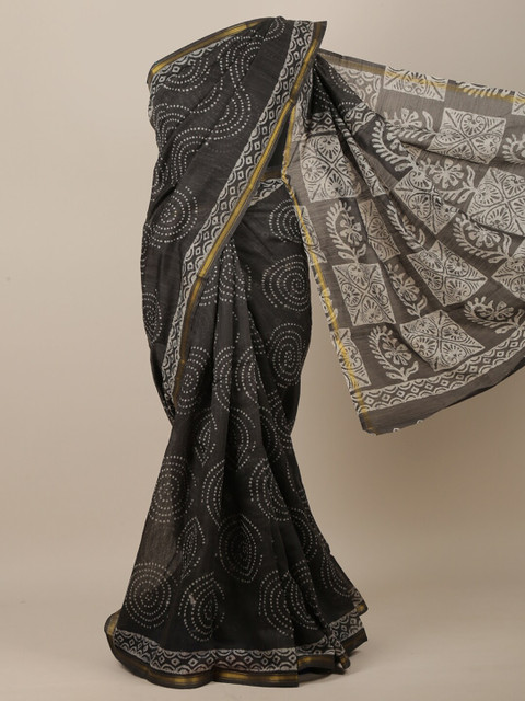 

Pothys Charcoal Grey & Off White Ethnic Motifs Printed Saree
