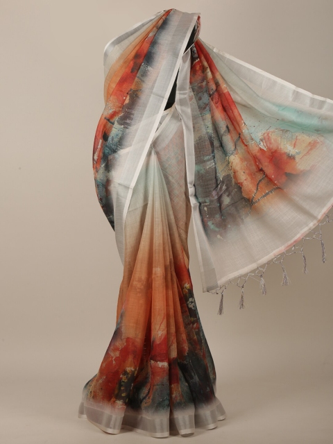 

Pothys Grey & Orange Abstract Printed Linen Blend Saree