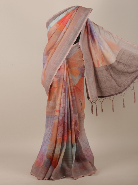 

Pothys Peach-Coloured & Grey Abstract Printed Linen Blend Saree