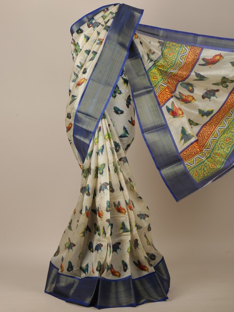 

Pothys Cream-Coloured & Blue Butterfly Printed Saree
