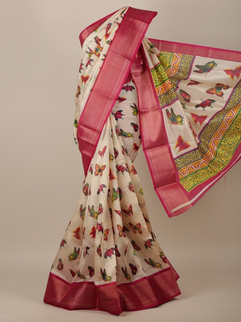 

Pothys Cream-Coloured & Magenta Butterfly Printed Saree