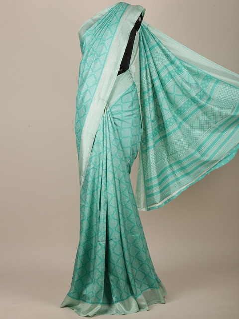 

Pothys Green & White Geometric Printed Jute Silk Saree