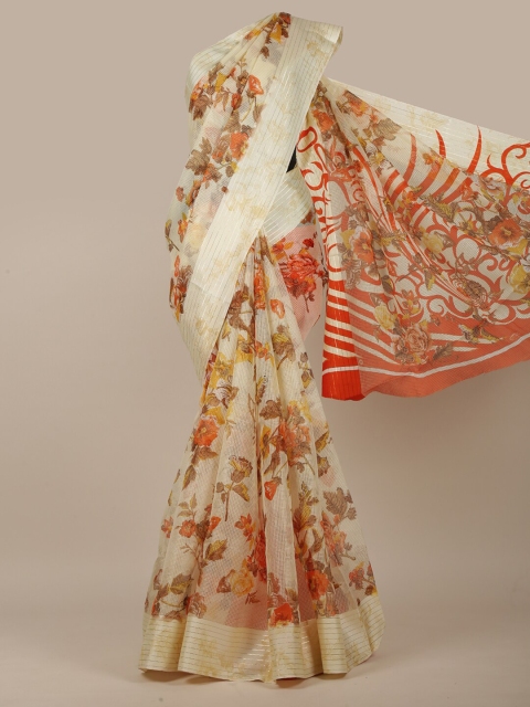 

Pothys Cream-Coloured & Red Floral Printed Zari Jute Cotton Saree