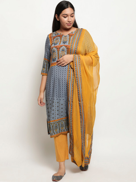 

Amydus Women Grey Ethnic Motifs Printed Regular Kurta with Trousers & With Dupatta